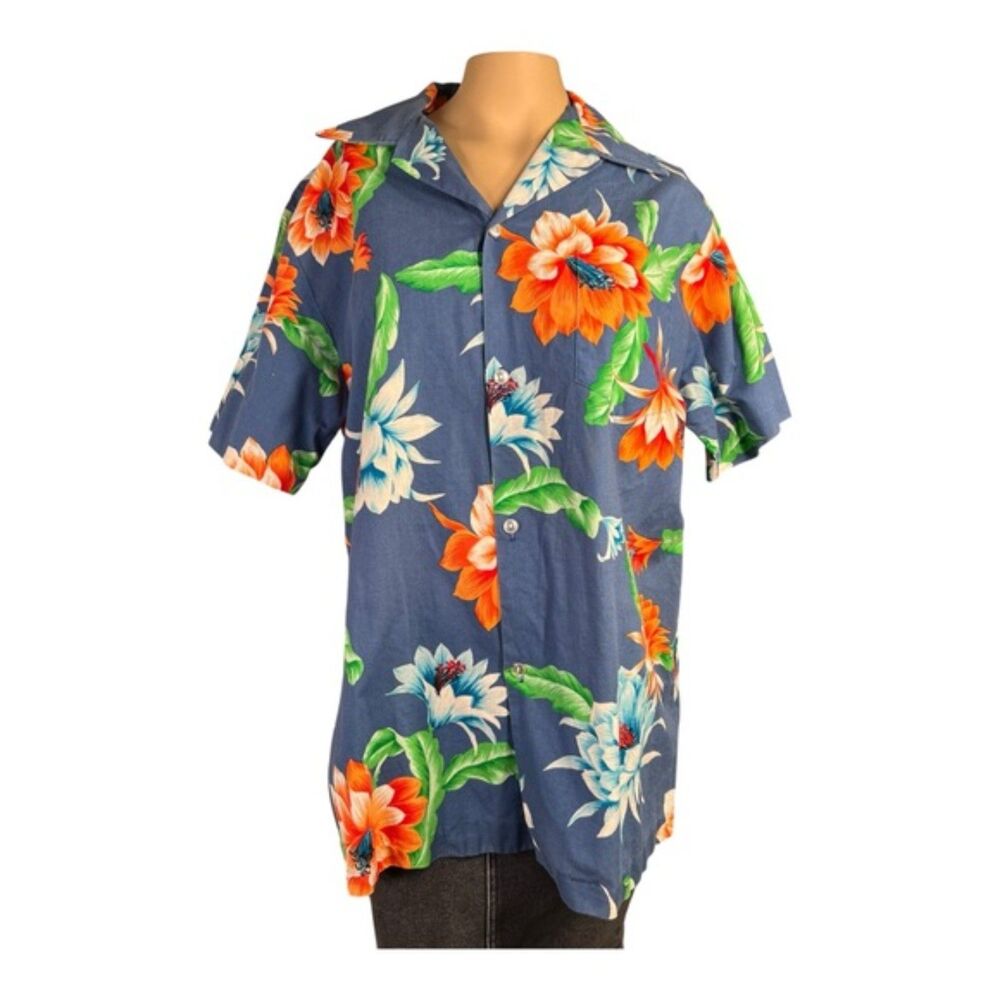 Kai Nani Hawaii Blue Floral Hawaiian Shirt M